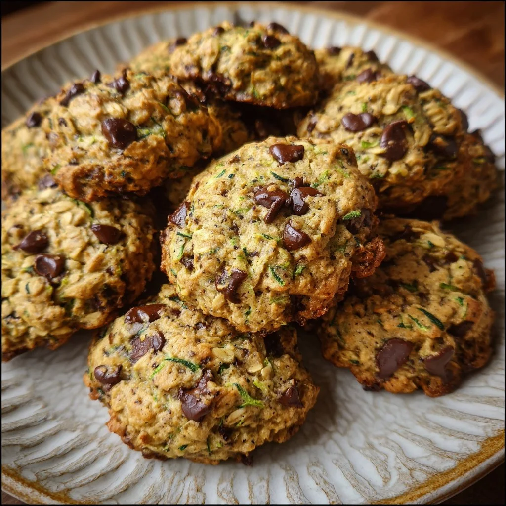 Soft and chewy chocolate chip zucchini oat cookies on a wooden table