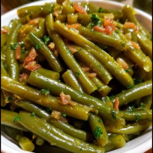 Southern canned green beans served in a bowl with seasoning.
