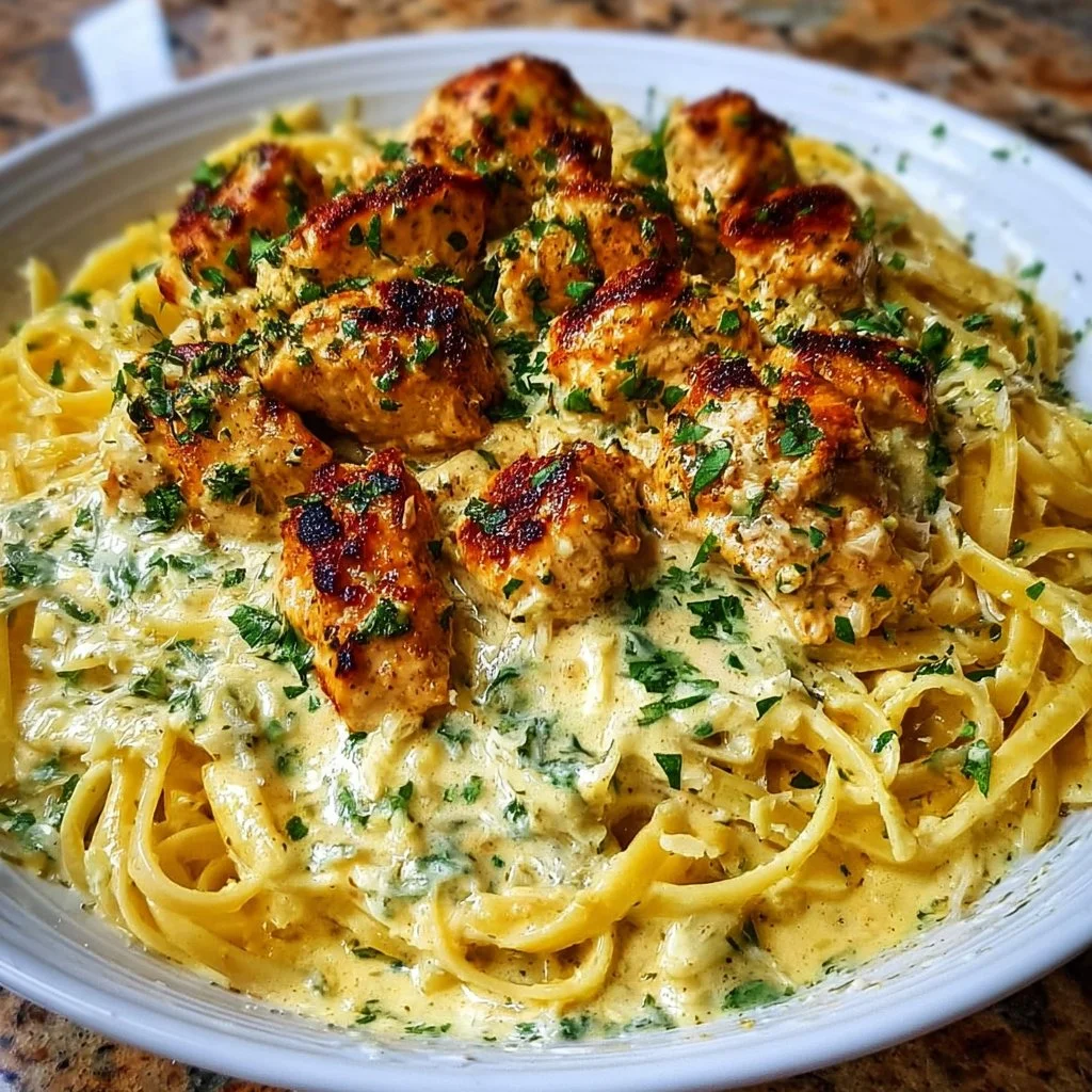 Spicy cheesy garlic butter chicken with linguine in four-cheese sauce