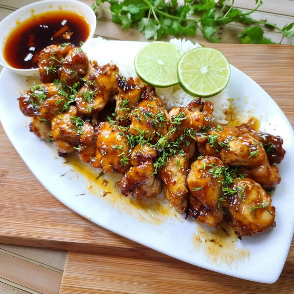 Plate of spicy honey-lime chicken garnished with fresh herbs.