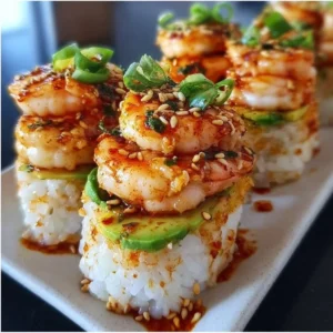 A delicious stack of spicy shrimp sushi garnished with avocado and sriracha