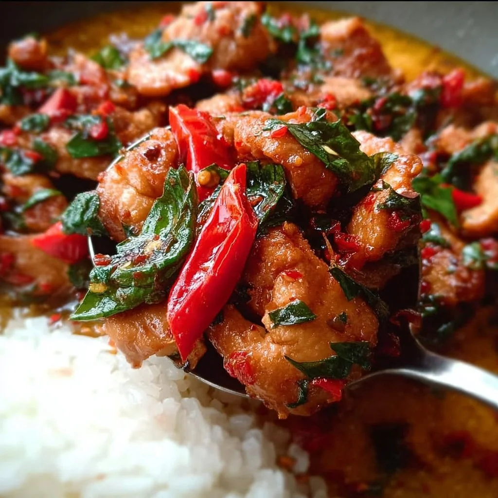Plate of spicy Thai Chilli Basil Chicken garnished with fresh basil leaves