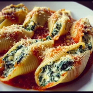 Spinach and ricotta stuffed shells baked in marinara sauce