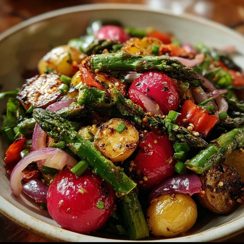 Colorful spring salad with roasted veggies served in a bowl