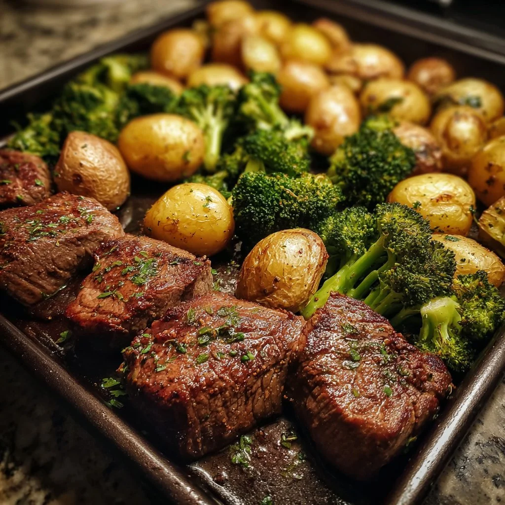 Sheet pan meal with steak, potatoes, and broccoli ready to serve.