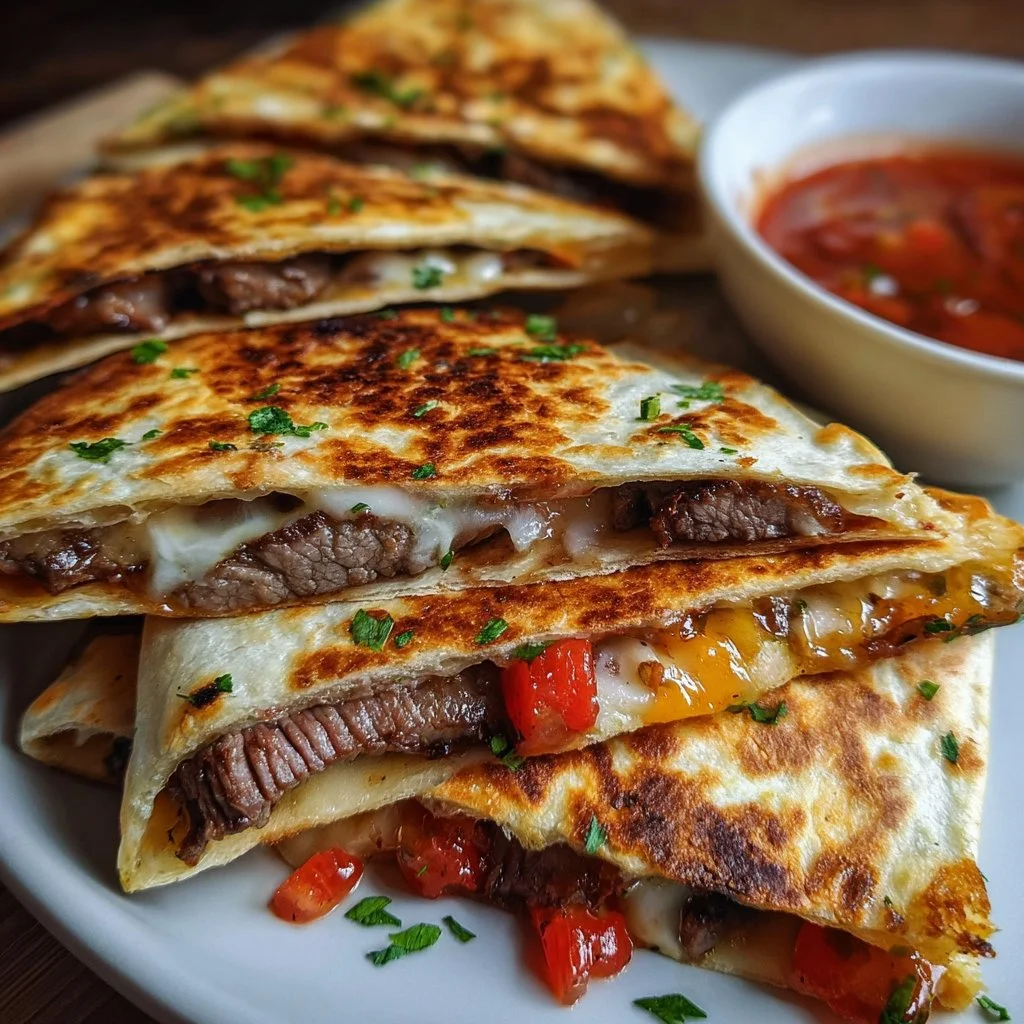 Delicious steak quesadilla served with a homemade dipping sauce