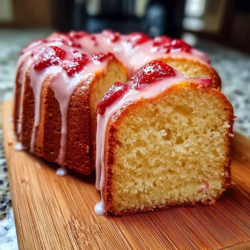 Slice of Strawberry Buttermilk Pound Cake garnished with fresh strawberries