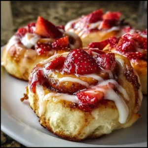 Freshly baked strawberry cheesecake cinnamon rolls drizzled with cream cheese icing