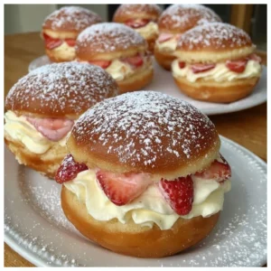 Freshly baked strawberry cream filled donuts