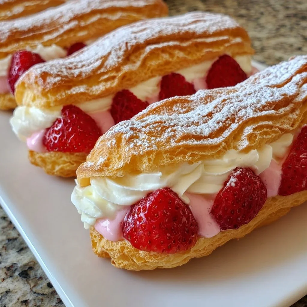 Delicious strawberry eclairs topped with fresh strawberries and cream