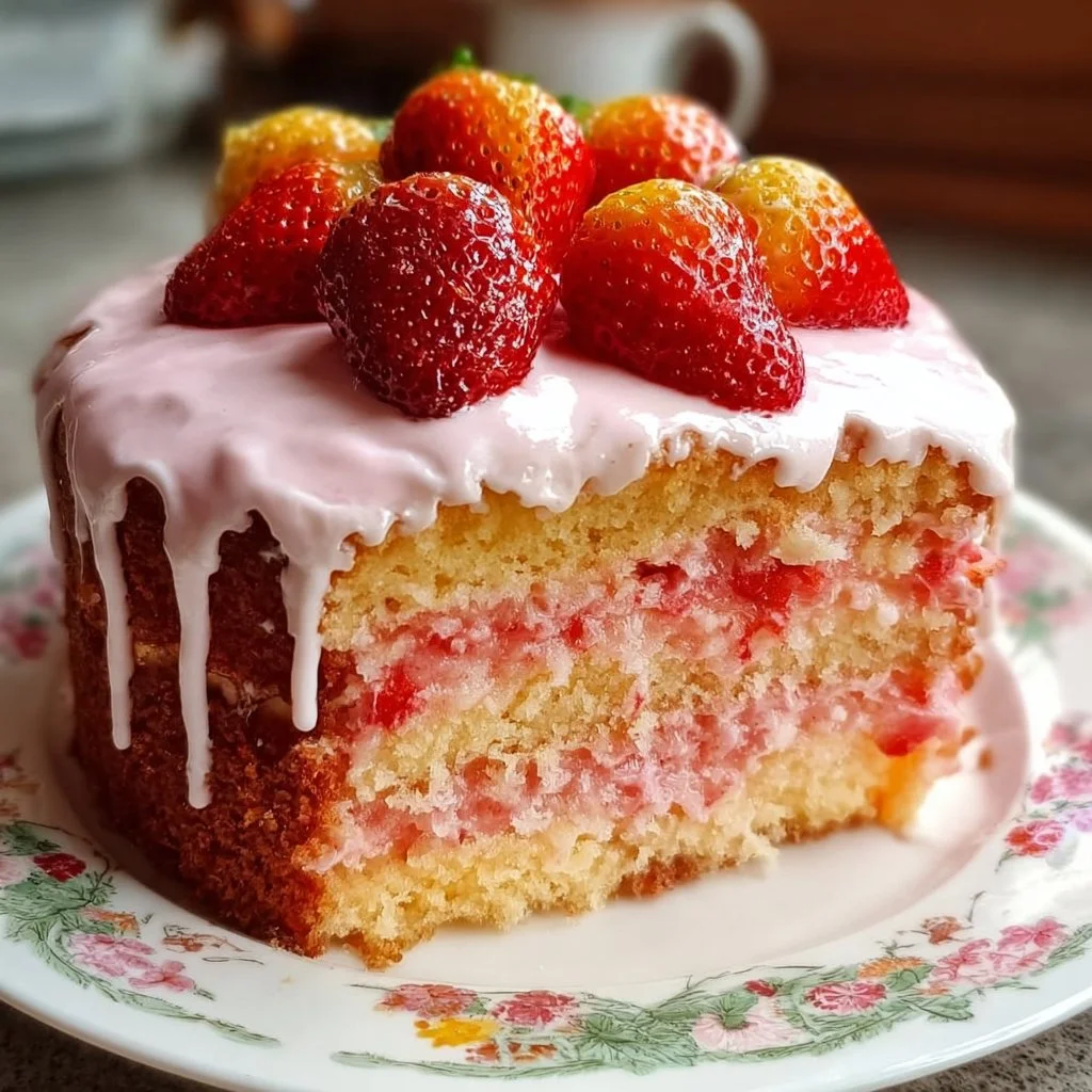 A delicious slice of strawberry lemon crunch cake topped with strawberry cream icing.