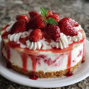 Delicious strawberry swirl cheesecake with vibrant red strawberry topping