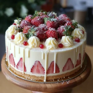 Strawberry White Chocolate Mousse Cake garnished with fresh strawberries and chocolate shavings.