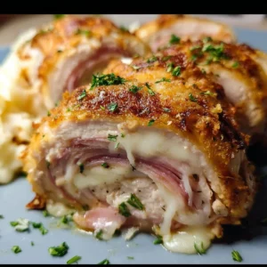 Stuffed chicken cordon bleu bake with cheese and ham, baked to perfection.