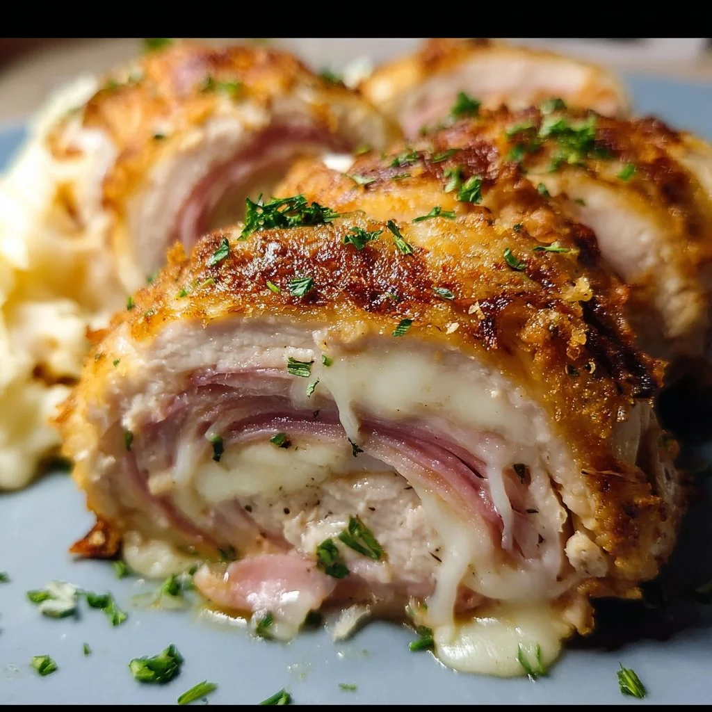 Stuffed chicken cordon bleu bake with cheese and ham, baked to perfection.