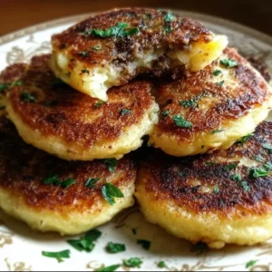 Plate of golden stuffed potato pancakes with a savory filling