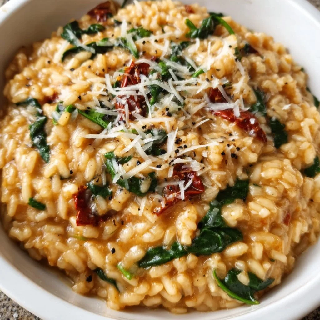 Creamy Sun-Dried Tomato and Spinach Risotto served in a bowl