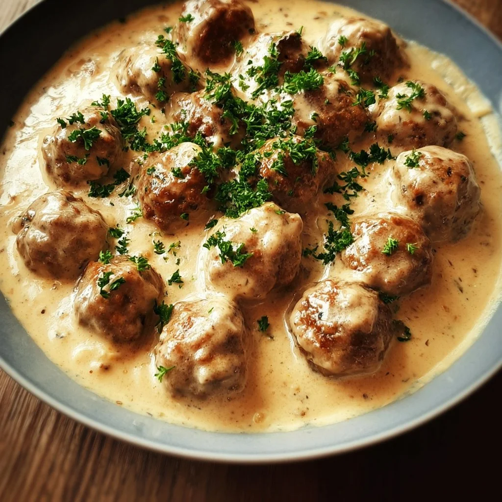 Plate of Swedish meatballs with creamy sauce