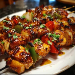 Delicious honey garlic chicken kabobs on skewers, grilled to perfection.