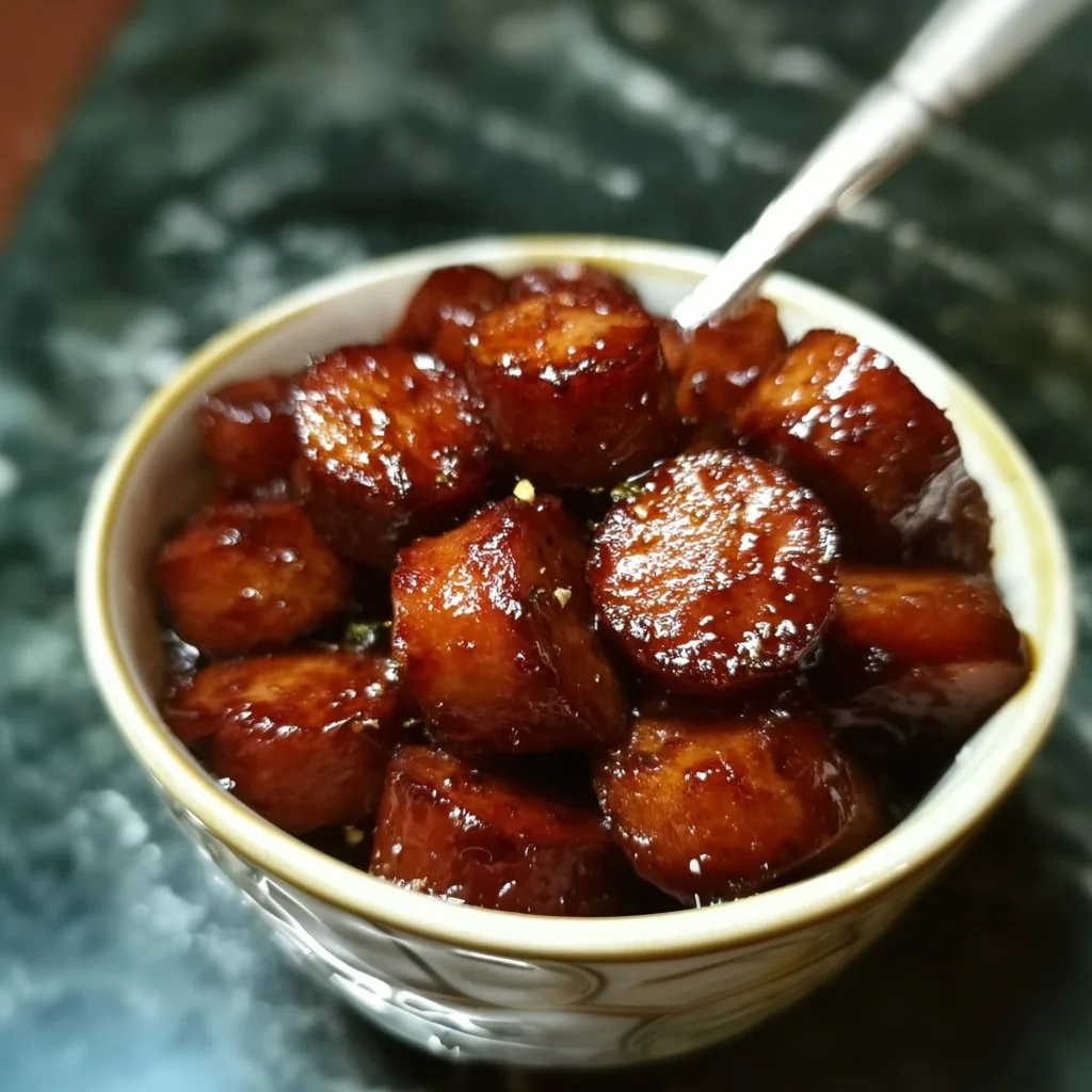 Sweet Crock Pot Kielbasa Bites served in a bowl