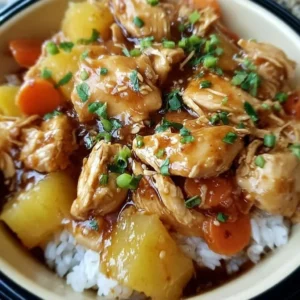Delicious Sweet Hawaiian Crockpot Chicken served with rice and garnished with green onions.