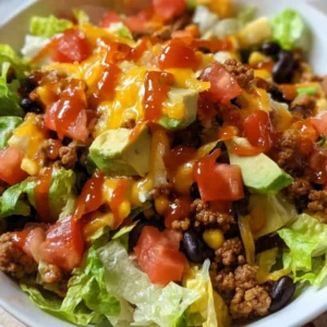 Delicious Taco Salad topped with Catalina Dressing served in a bowl