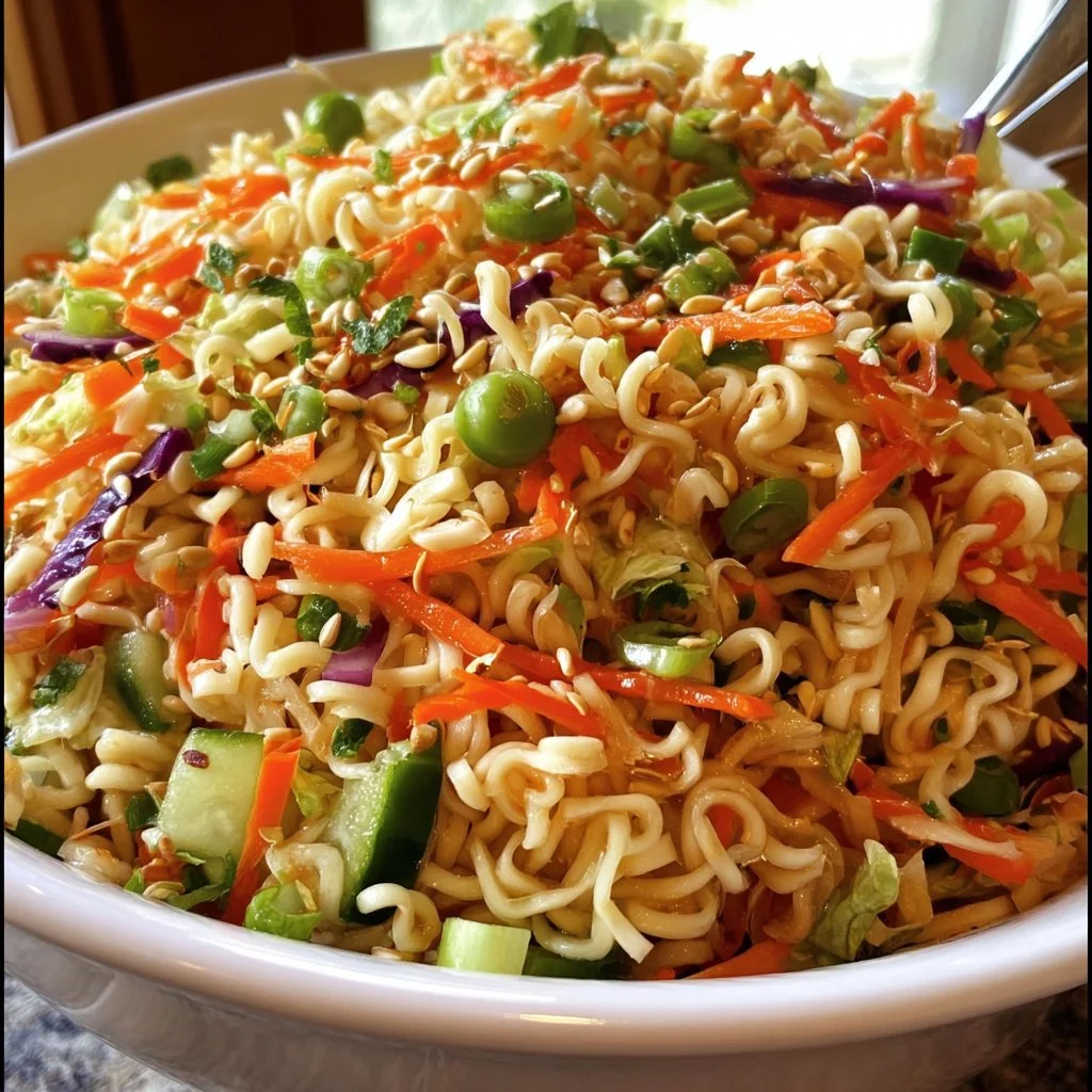 Delicious cold ramen noodle salad with fresh vegetables and dressing