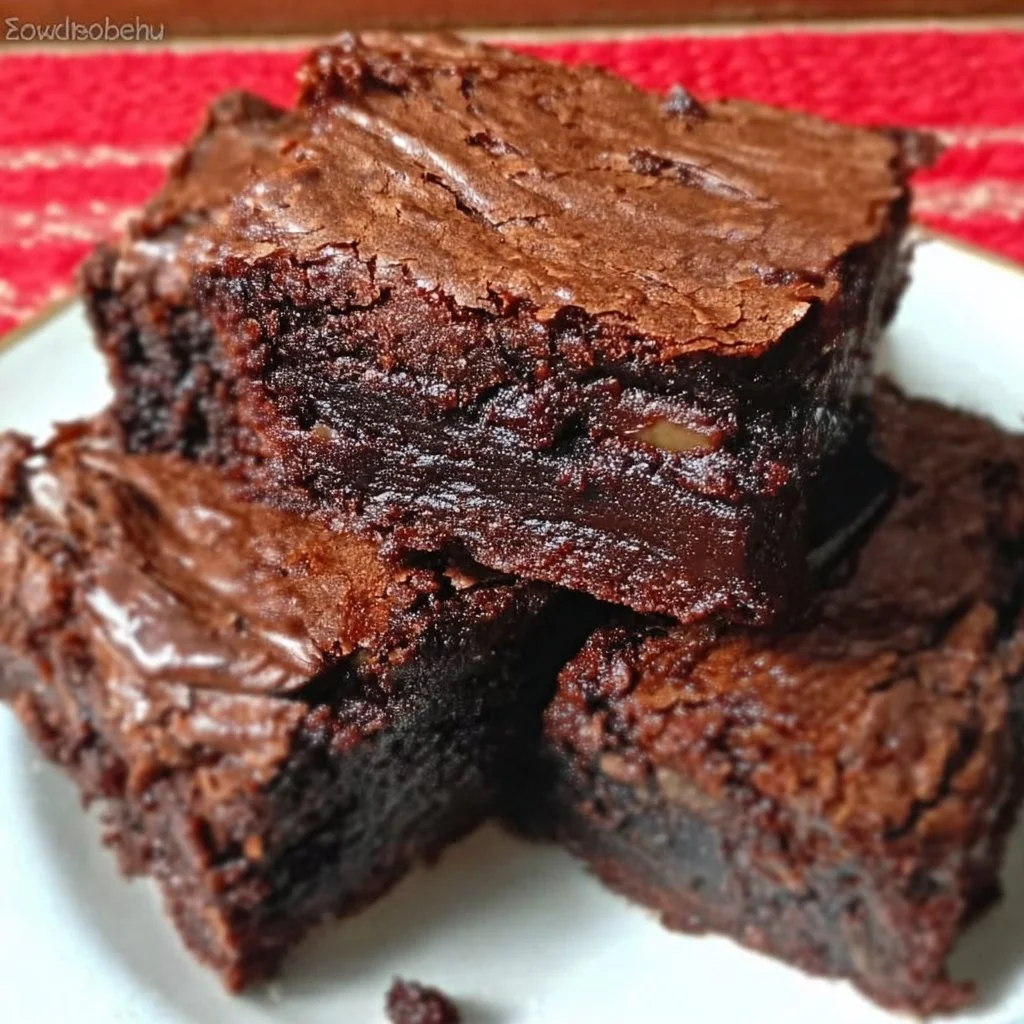 Delicious homemade brownies served on a plate, showcasing rich chocolate texture.