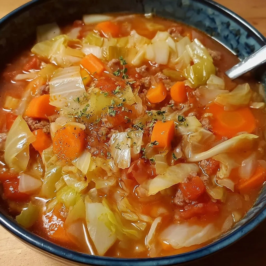 A bowl of delicious homemade cabbage soup garnished with herbs.