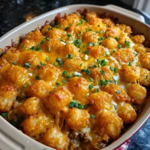 Cheesy Big Mac tater tot casserole served in a baking dish