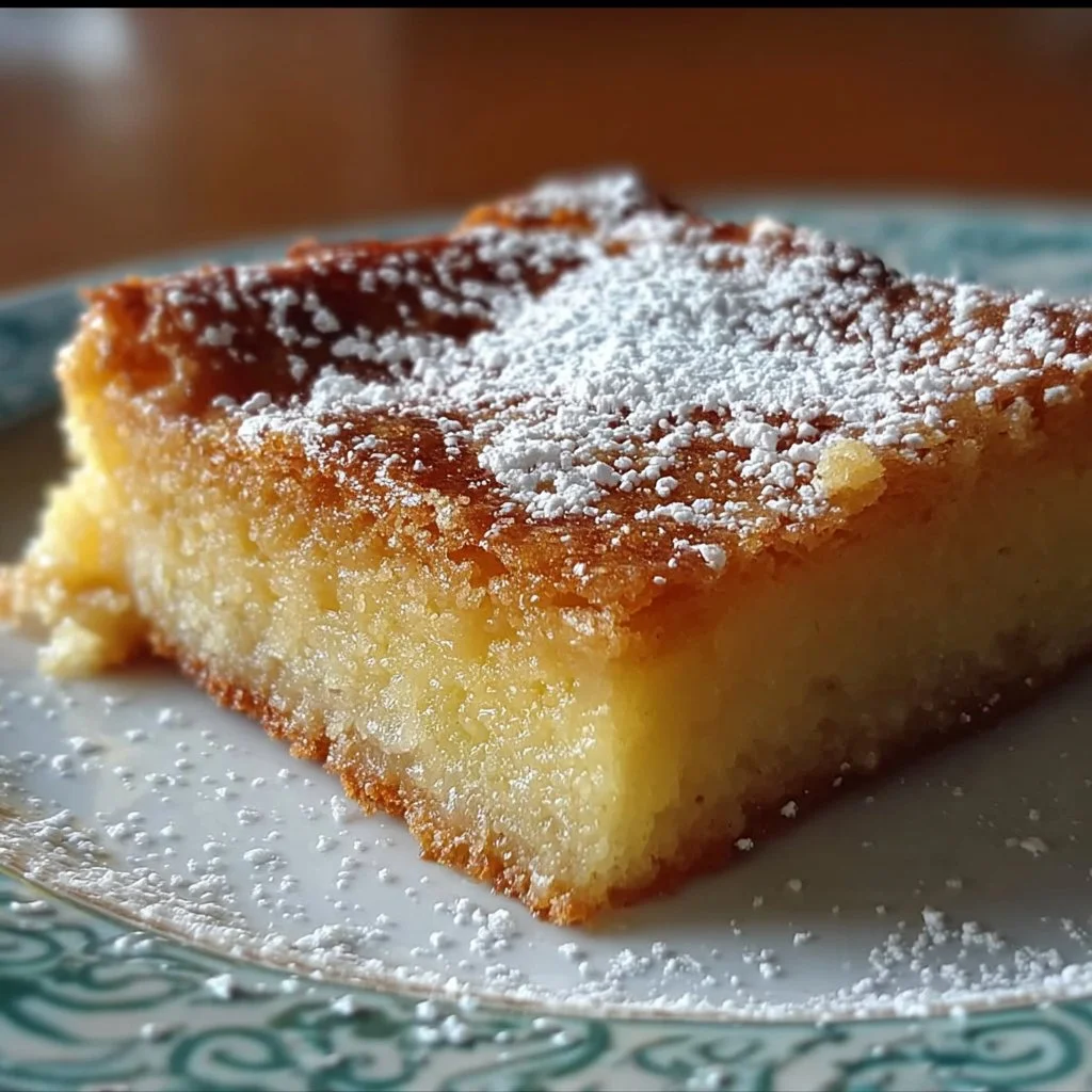 Slice of the best gooey butter cake topped with powdered sugar on a plate