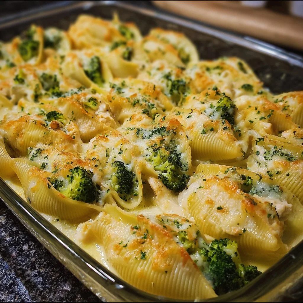 Cheesy chicken stuffed shells with broccoli in a creamy sauce