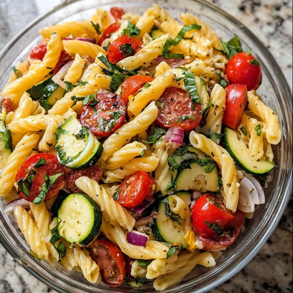 Bowl of vibrant summer Italian pasta salad with fresh ingredients.