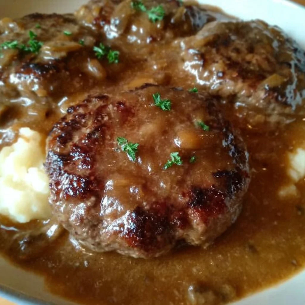 Delicious homemade Salisbury steak served with gravy and mashed potatoes