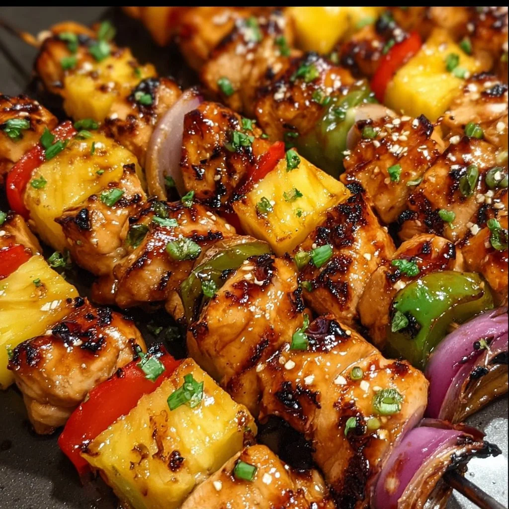 Delicious Tropical Hawaiian Chicken BBQ Kabobs on skewers with vibrant veggies.