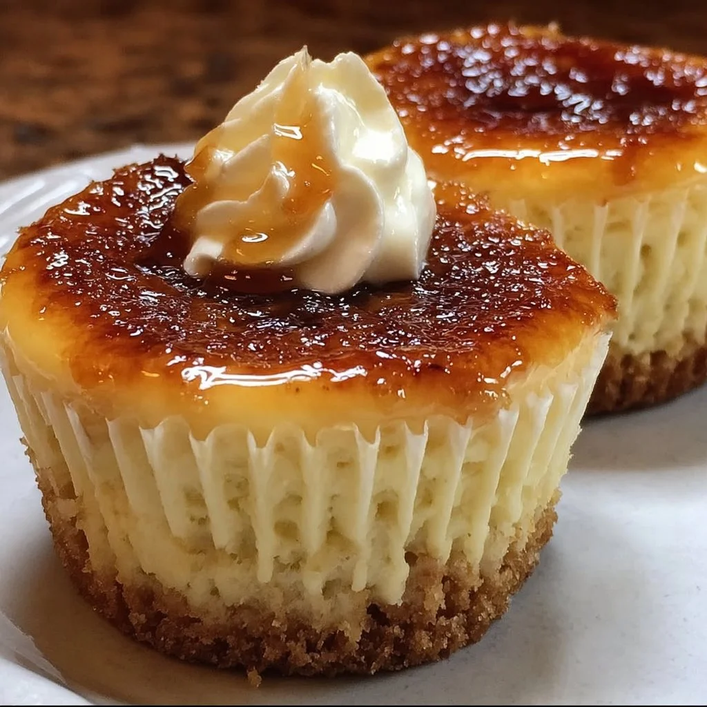 Vanilla Bean Crème Brûlée Cheesecake Cupcakes topped with caramelized sugar