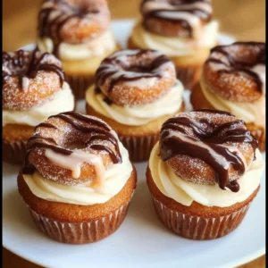 Delicious vanilla and chocolate cupcakes topped with colorful mini donuts