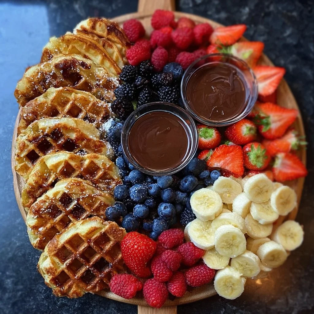 A vibrant waffle fruit platter featuring fresh fruits and fluffy waffles.