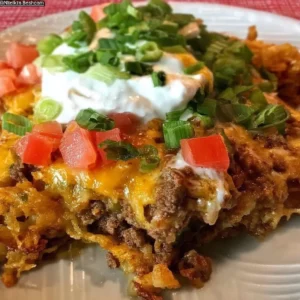 Delicious Walking Taco Casserole topped with cheese and fresh ingredients