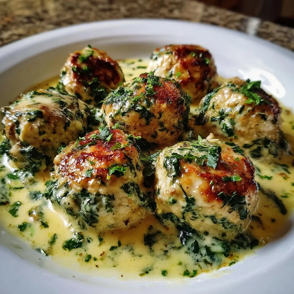 Delicious chicken ricotta meatballs served with spinach sauce