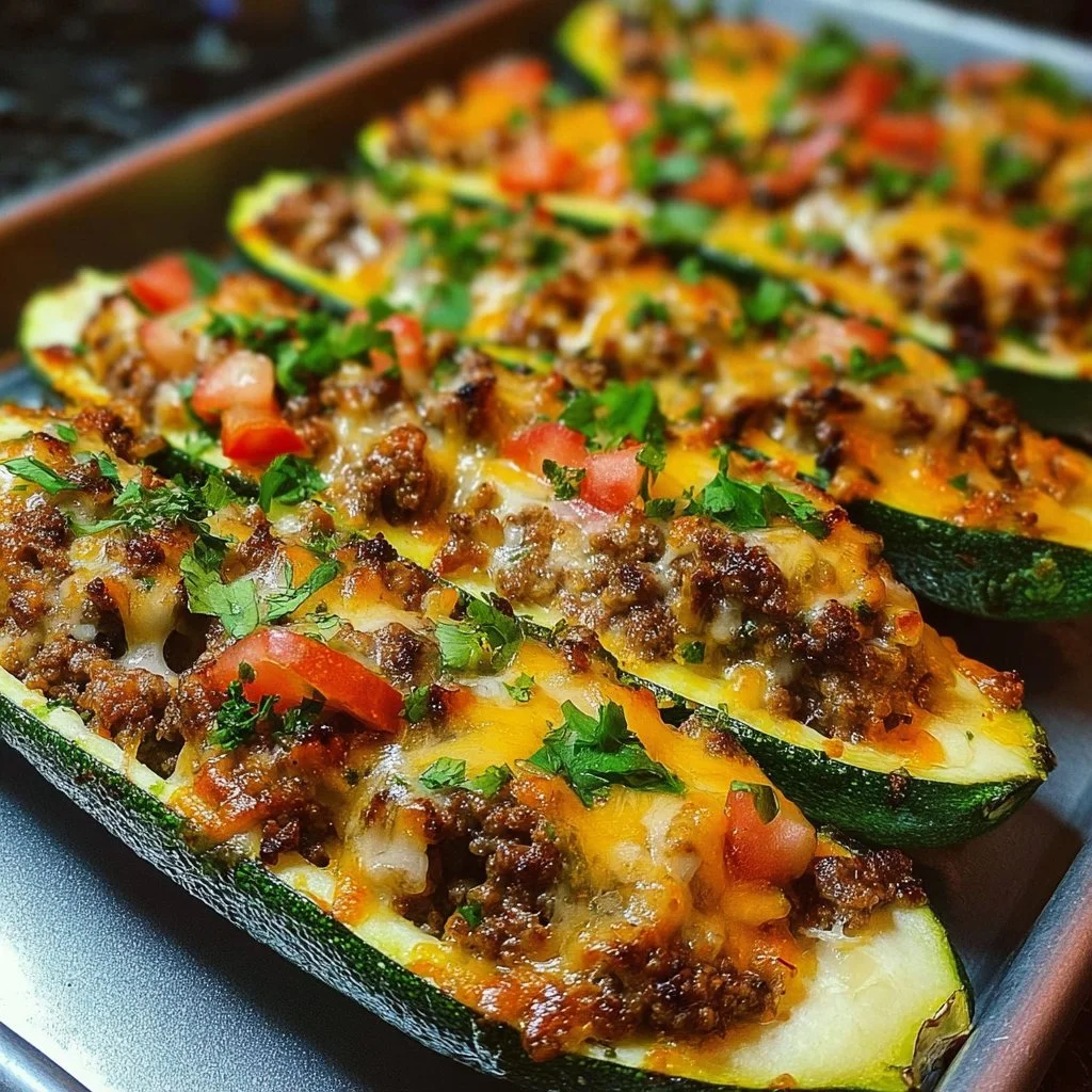 Zucchini boats stuffed with seasoned ground beef and topped with cheese
