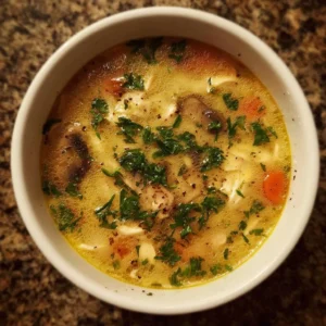 A bowl of low calorie high protein soup with colorful vegetables and herbs.