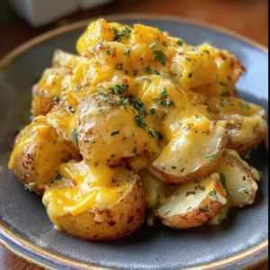 Plate of cheesy ranch potatoes garnished with herbs