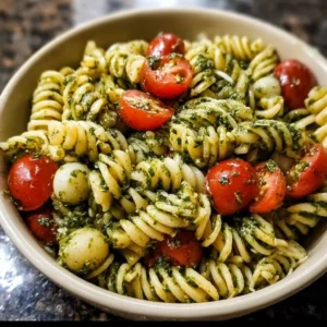 Colorful 5-minute pesto pasta salad with fresh ingredients and basil
