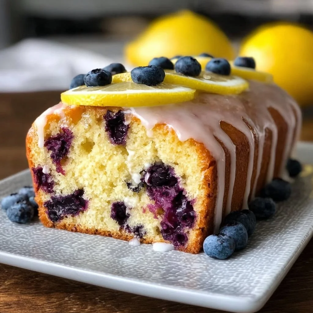 Sliced lemon blueberry pound cake topped with tangy lemon glaze on a wooden table