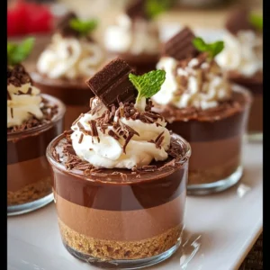 Mini chocolate mousse cups served in elegant dishes