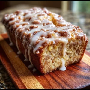 Amish Apple Fritter Bread with apples and glaze on a rustic wooden table