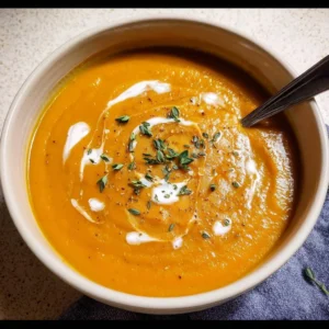 Bowl of anti-inflammatory pumpkin and sweet potato soup garnished with herbs.