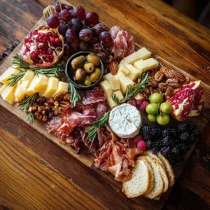 Artisan charcuterie board featuring assorted meats, cheeses, and fresh fruits.