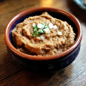 Plate of authentic refried beans served with tortillas and garnishes